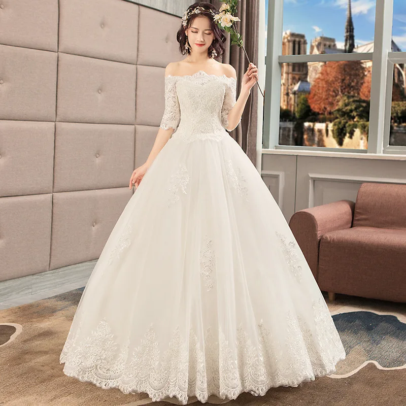 Robe De Mariee легкий кремовый цвет кружева свадебное платье Элегантное с плеча Половина рукава Свадебные платья Принцесса бальное платье