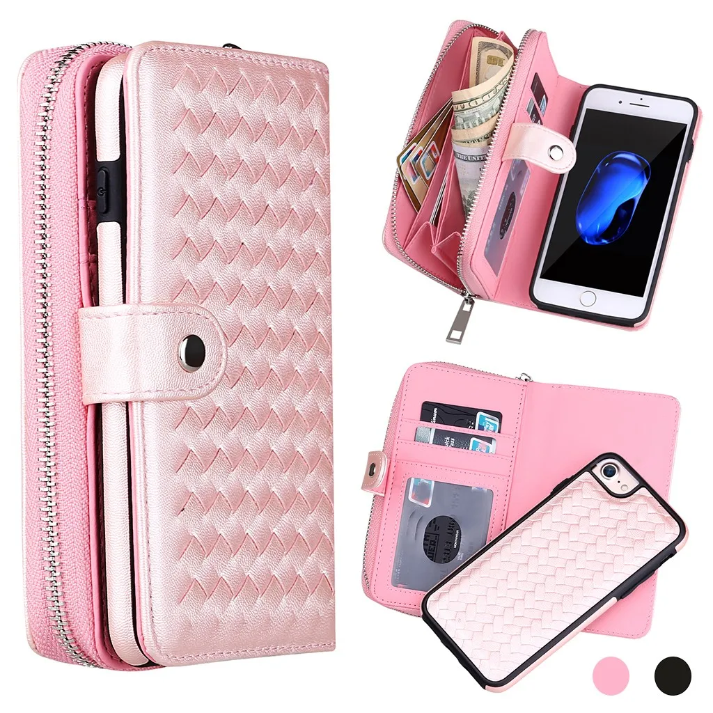Cartera de cuero de la PU de la caja del telefono para IPhone 8 тканая кобура на молнии с разрезом многофункциональный чехол для мобильного телефона# G4