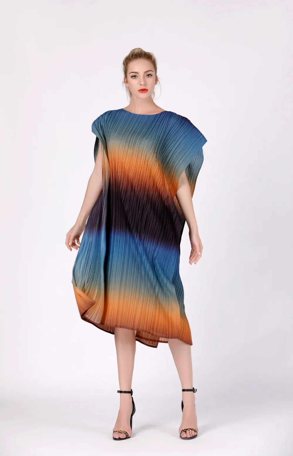 Летнее Плиссированное цельнокроеное платье miyake, асимметричное свободное платье средней длины с круглым вырезом и рукавами летучая мышь