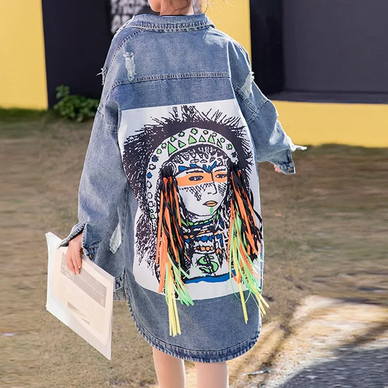 Autumn Boyfriend Style Jeans Jacket Woman Character Patch Tassel Denim Long Coat Female Streetwear Hole Women's Denim Jacket