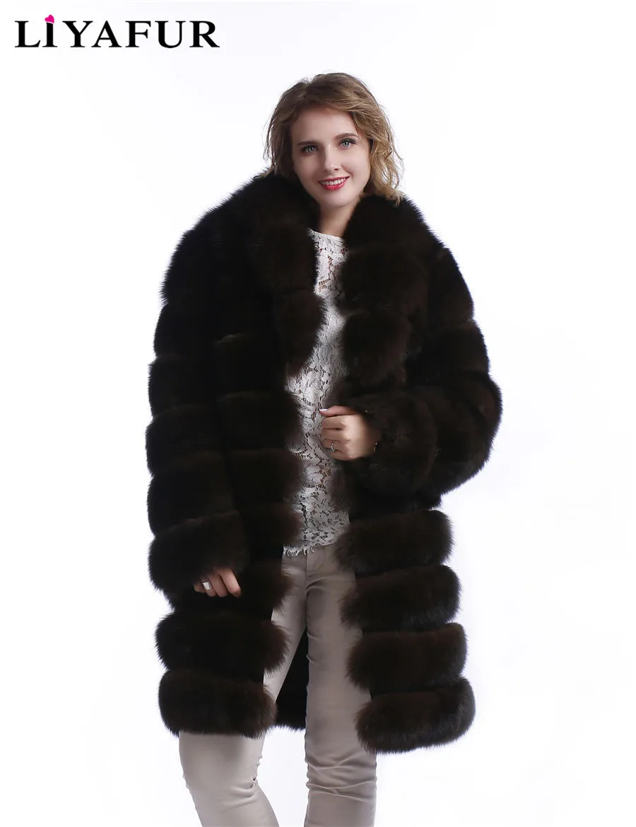 Liyafur 6 в 1 натуральная лиса Мех длинное пальто с воротником для Для женщин натуральный Лисий Мех зимняя теплая верхняя одежда жилет