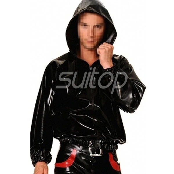 Black latex shirt with cap rubber boxer sweater suit men's top