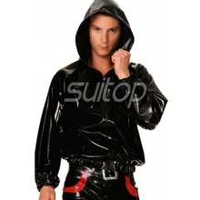 Black latex shirt with cap rubber boxer sweater suit men’s top