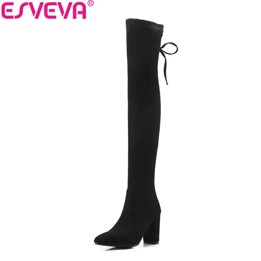 

ESVEVA 2019 Lace Up Women Over The Knee Boots Pointed Toe Autumn Boots Sewing Square High Heels Shoes Boots Woman Size 34-43