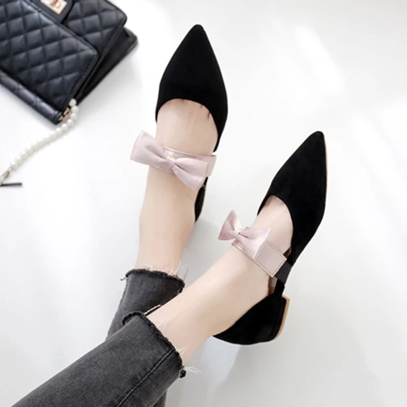 Boussac Pink Bowtie Flats Shoes Women Mixed Colors Mary-Janes Shoes Women Sexy Pointed Toe Women Flats SWA0288