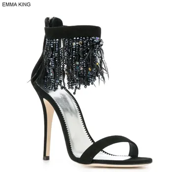

EMMA KING 2018 Summer Solid Tassels String Bead Feather Zipper Open Toed Thin Heels Sexy Wedding Party High Heels Sandals Women