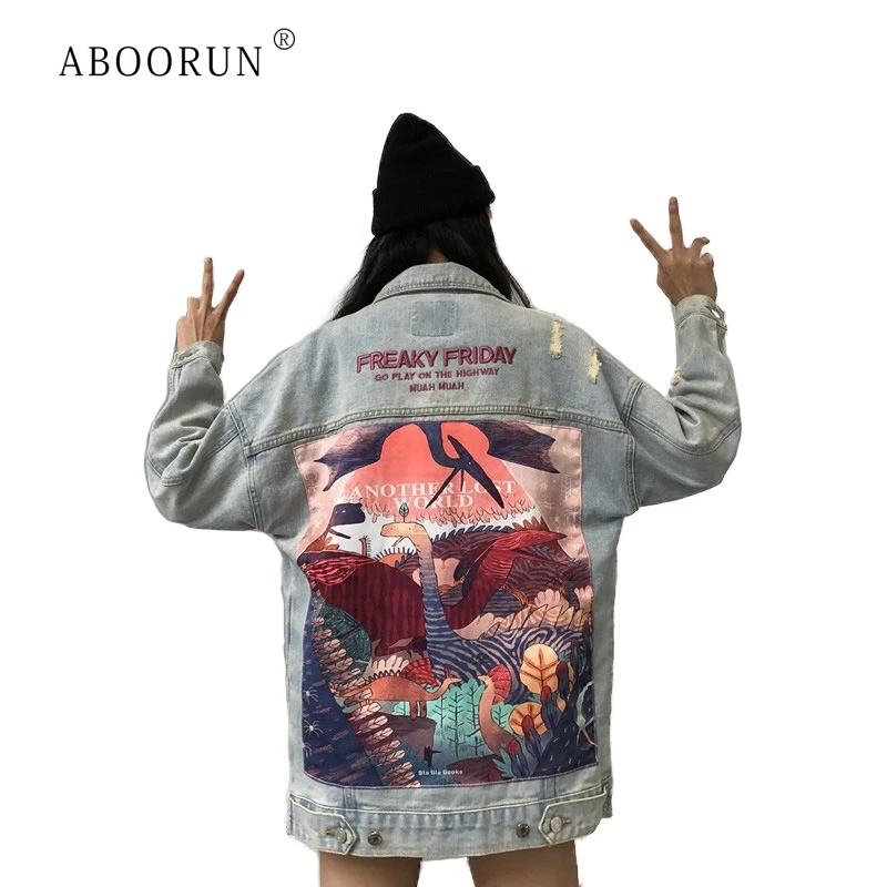 

ABOORUN Men's Hip Hop Ripped Denim Jacket Cartoon Animal Printed Patchwork Denim Jackets Couples Chic Coat R1215