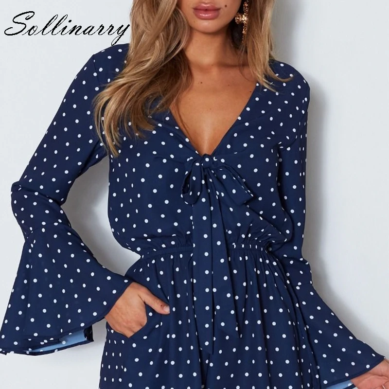 Sollinarry Polka Dot V Neck Sexy Women Playsuit Flare Sleeve Lace up Ruffle Girl Boho Jumpsuits Casual Elastic Waist Rompers Sollinarry Polka Dot V Neck Sexy Women Playsuit Flare Sleeve Lace up Ruffle Girl Boho Jumpsuits Casual Elastic Waist Rompers
