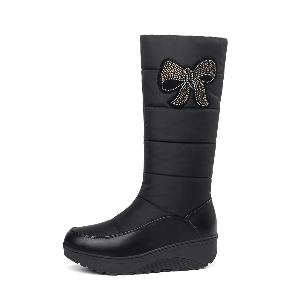 MEMUNIA Snow boots women platform shoes woman winter boots keep warm mid calf boots down PU leather rhinestone half boots - Цвет: black