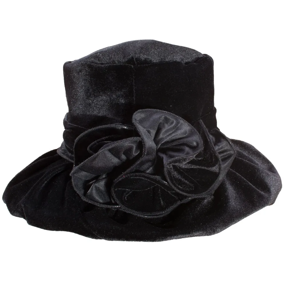 Зимняя шляпа от солнца Женская Fedora элегантная 10 см широкополый сплошной бархат Цветочная отделка женская шляпа зимняя женская свадебная одежда шляпка для церкви