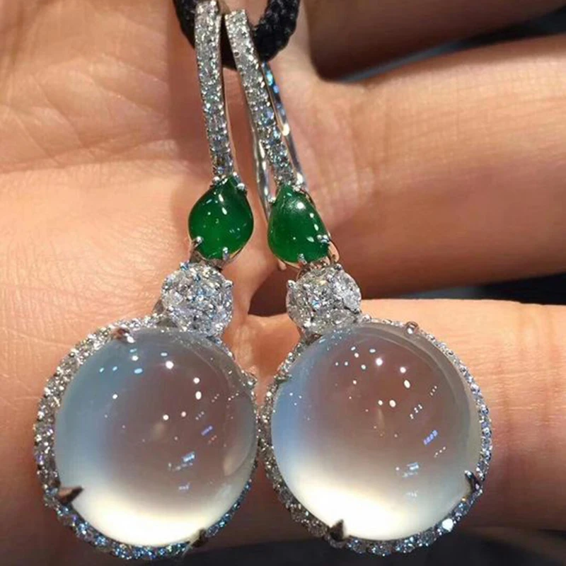 Fashion new big round moonstone earrings green color moonstone with small zircon long earrings gift / anniversary C4M043
