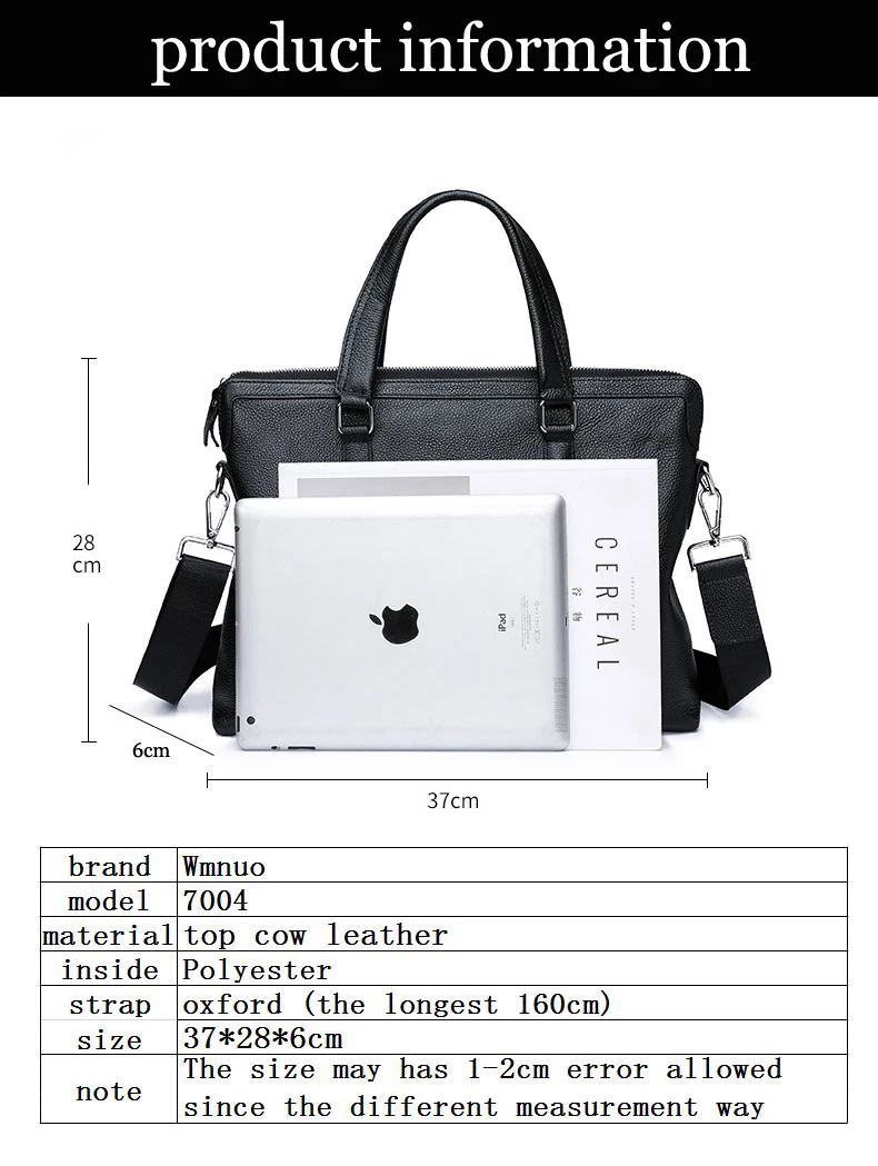 Wmnuo Для мужчин Портфели сумка из натуральной коровьей кожи Для мужчин сумка для ноутбука Повседневное сумки на плечо Для мужчин Посланник