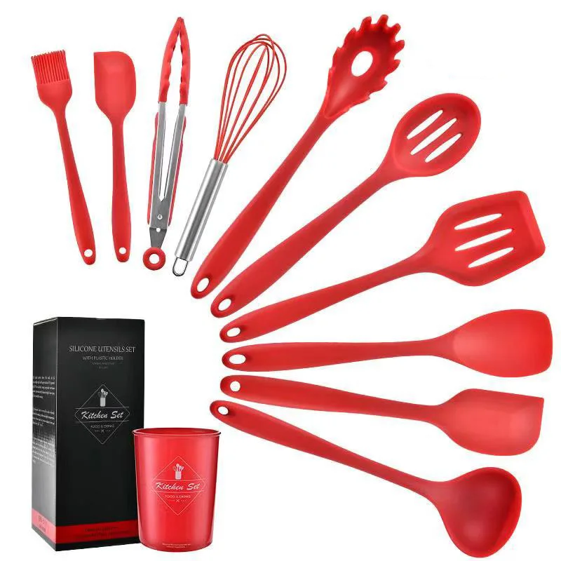 10pcs with box red Кухня силиконовые антипригарным кулинарная ложка шпатель ковш венчики для взбивания яиц Посуда столовая посуда набор пособия по кулинарии принадлежности для инструментов - Цвет: 10pcs with box red