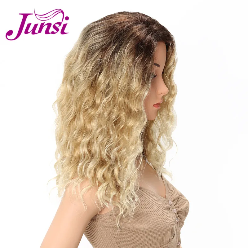 JUNSI Long Curly Wigs for Women Ombre Brown to Light Blonde Wigs Dark Roots Synthetic Hair Heat Resistant Fiber Full Wig (10)