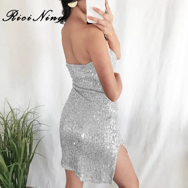 RICININA 2019 Women Summer Dress Ladies Strapless Sleevless Sequins Slit Mini Dresses Woman Casual Sexy Party Dresses Vestidos