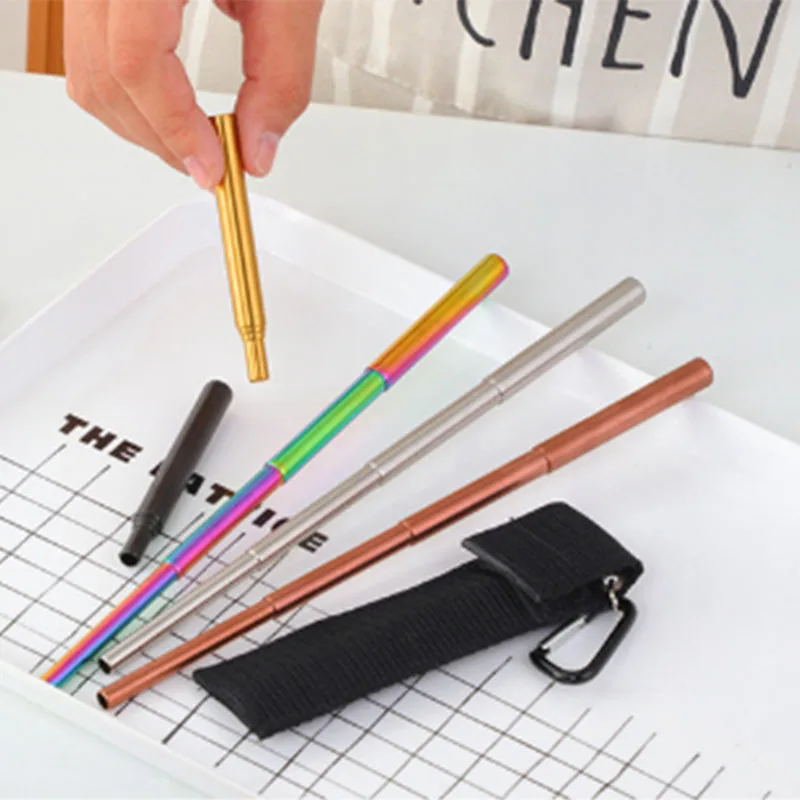50pcs reusable collapsible metal drinking straw portable telescopic stainless steel straw eco friendly