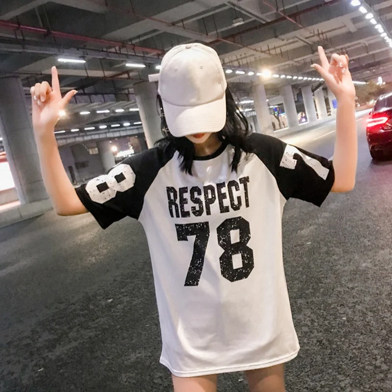 

Women's Long High Street T-shirts Color Block Letter Number Print shirts Short Sleeve Summer T-Shirt Tops Fahsion 2019
