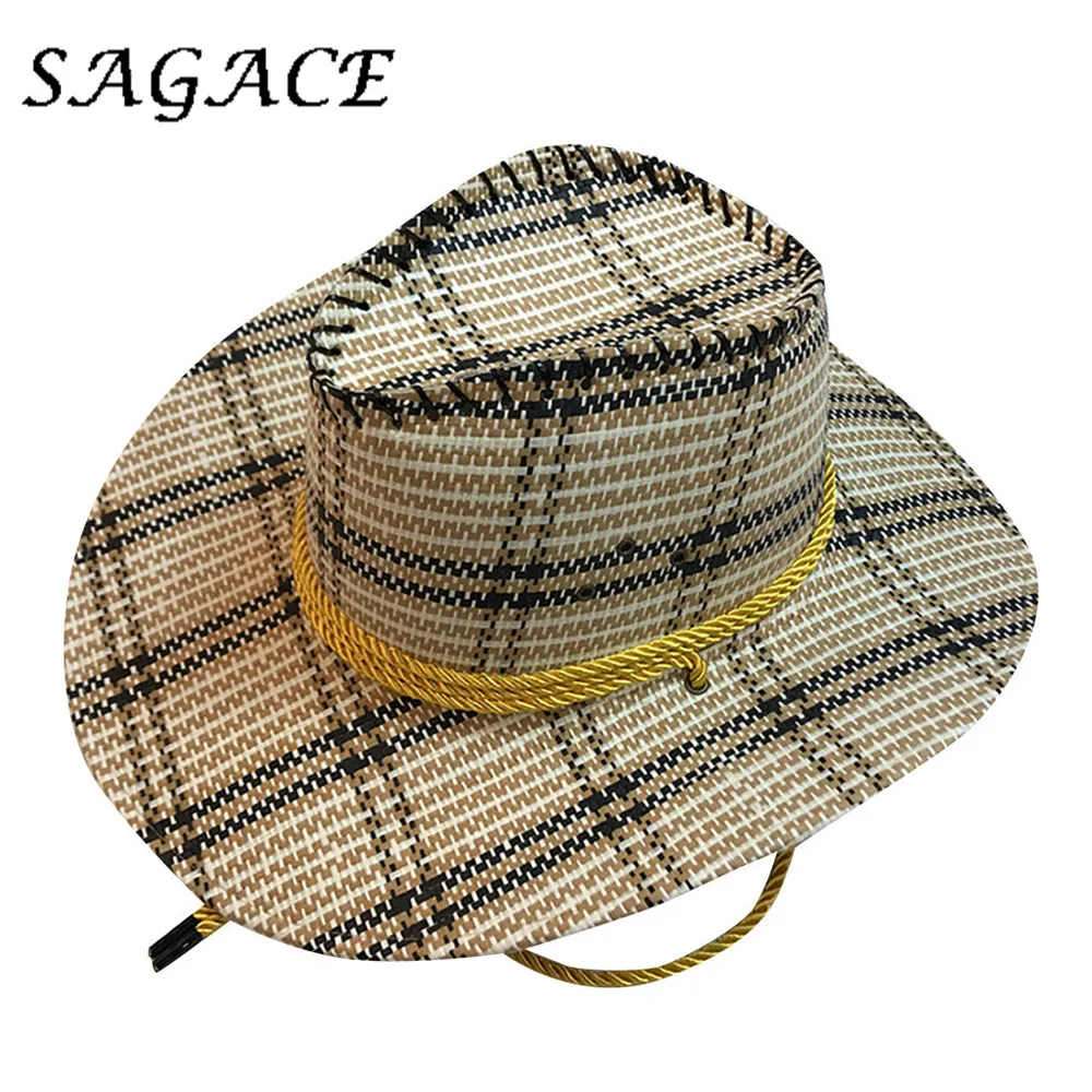 SAGACE шляпа Мужская охотничья ковбойская соломенная шляпа летняя wo Мужская Унисекс вязка регулируемая крышка клетчатый принт модный широкий пляжный навес Повседневная Кепка