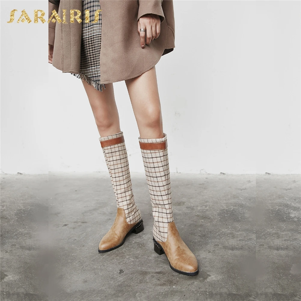 SARAIRIS/Прямая поставка, большие размеры 32-43, женская обувь женские сапоги для верховой езды модные зимние сапоги до колена из клетчатой ткани женская обувь