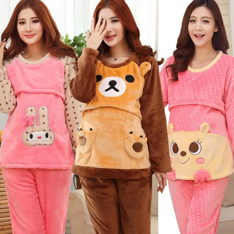 

The New Pregnant Women Cartoon Breastfeeding Suit Thickening Flannel Warm Maternity Sleepwear Nursing Pajamas Leisurewear Suit