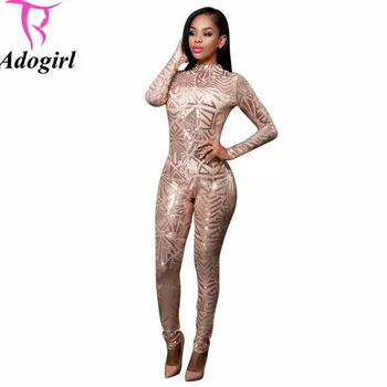 

European Style Women Sequined Long Sleeve Full Length 2017 New Arrivals Skinny Black White Gold Jumpsuits And Rompers Ladies