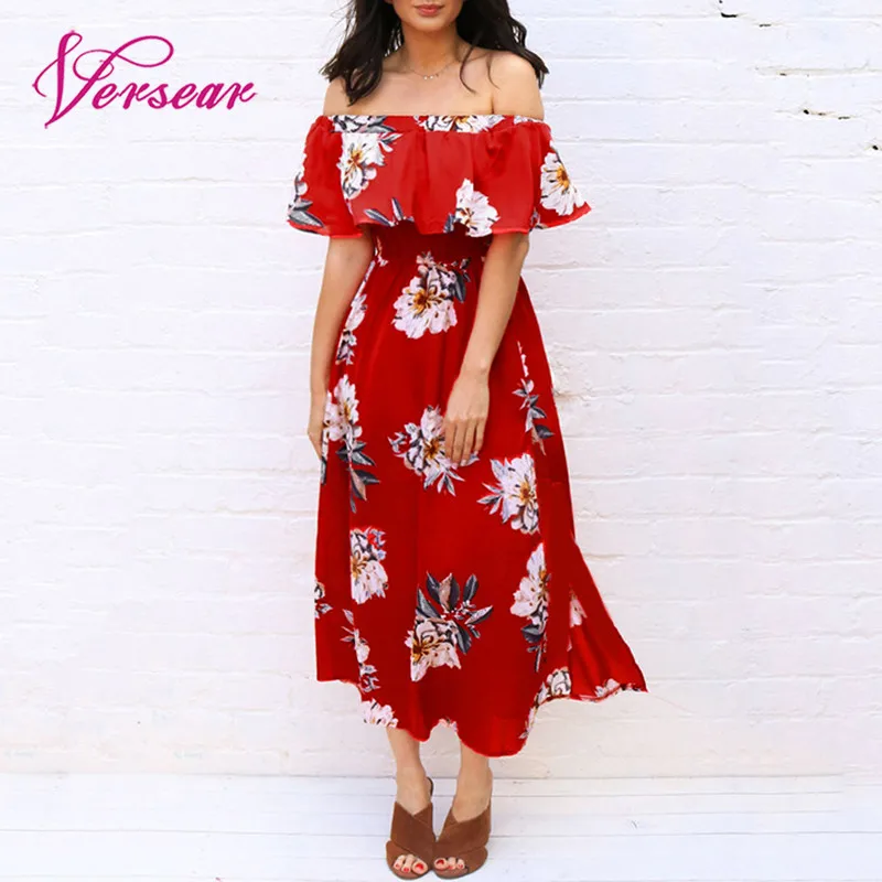 Versear 2019 Boho Летний Сарафан для женщин с открытыми плечами с цветочным принтом сплит одежда для отпуска, пляжные платья с эластичной резинкой