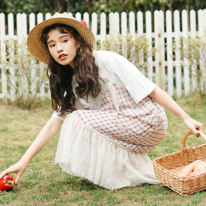 

ANTWANT korean Style Fake two-piece suit vintage Dress Women Summer plaid stitching tulle ruffle short sleeve ladies dresses