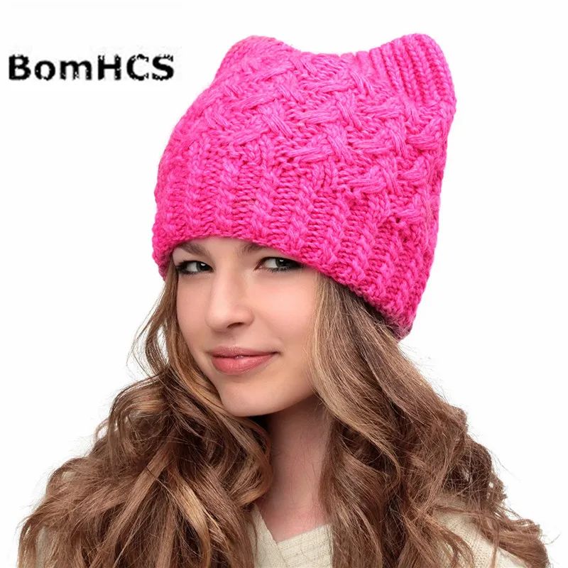 BomHCS шапки кошачьи уши розовая киска кошка ручной работы вязаная шапочка зимние женские шапки для девочек - Цвет: rose red