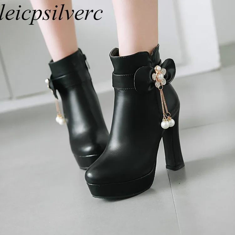 

Women's Boots Autumn Winter Warm Super High Heel Pu Platform Zip Pearl 2018 New Sexy Fashion Mid-Calf Motorcycle Black White