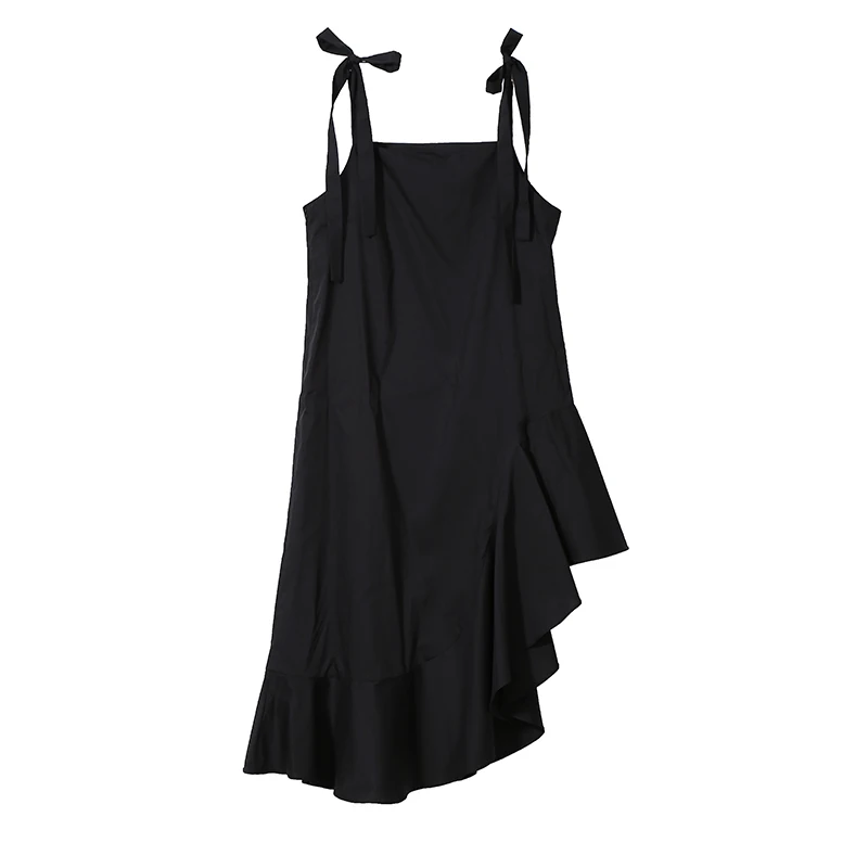 New 2018 Korean Style Summer Clothing Women Yellow Black Strap Dress Sloping Ruffle Hem Girls Stylish Asymmetrical Dresses 3723