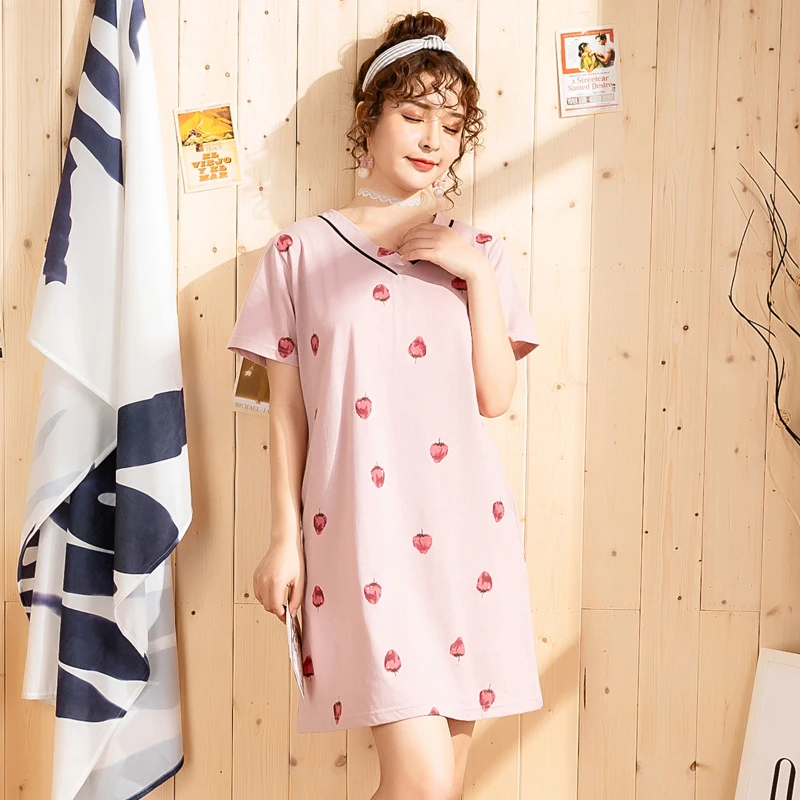 

Loose Cotton Summer Night Dress Women Short Sleeve Strawberry Printing Nightgowns Female Sleepwear Sleepshirt Girls Nightshirt