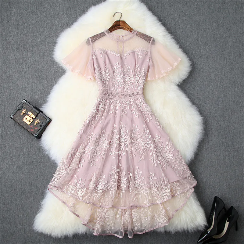Summer Dresses Women Designer Butterfly Sleeves Transparent Beading Embroidery Asymmetrical Dovetail Tulle Party Dress Sexy