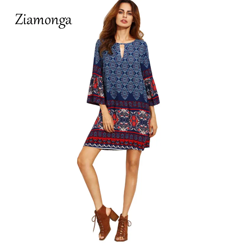 Ziamonga Boho женское повседневное свободное летнее пляжное мини-платье с цветочным принтом и круглым вырезом, женское платье для вечеринок и клубов, свободное платье большого размера