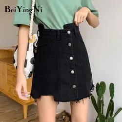 Beiyingni черные повседневные джинсовые юбки женская однотонная шапка однобортная юбка 2019 M-4XL джинсы большого размера Saias