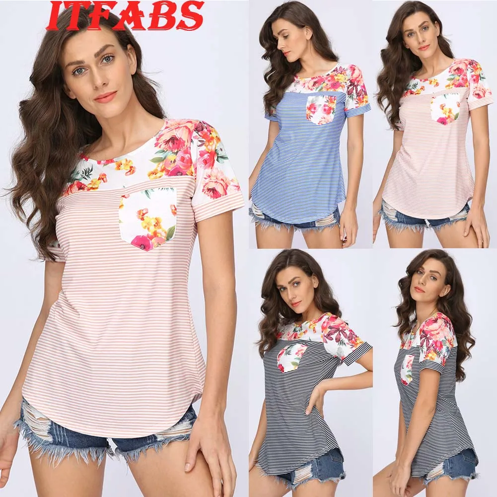 New Women Casual Pregnant Floral Nursing Tops Maternity Breastfeeding T-Shirt Loose Breastfeeding Casual Stripe Tee Shirt S-2XL