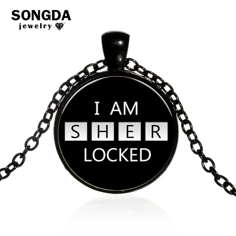 SONGDA I AM SHER LOCKED Quote Necklace Minimalism Art Pattern Glass Cabochon Pendant Sherlock Theme Jewelry Gift for Movie Fans | Украшения