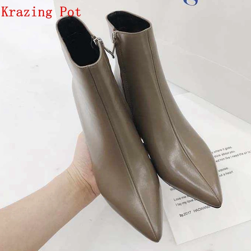 

Krazing Pot genuine leather winter recommend plus size spike heels pointed toe keep warm concise simple nude ankle boots L1f1