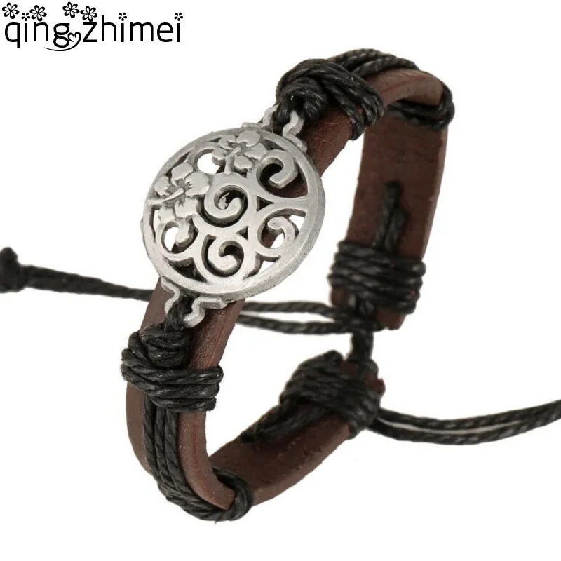 brown pulseras винтажный полый металлический цветок унисекс ID браслет пеньковая веревка обертывание толстый натуральный кожаный браслет-манжет браслет - Окраска металла: brown