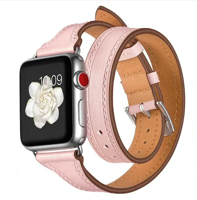 Ремешок из натуральной кожи для iWatch серии 4 3 2 1 ремешок для часов двойной тур петля ремешок для Apple watch band 42 мм 38 мм 40 мм 44 мм - Цвет ремешка: Розовый