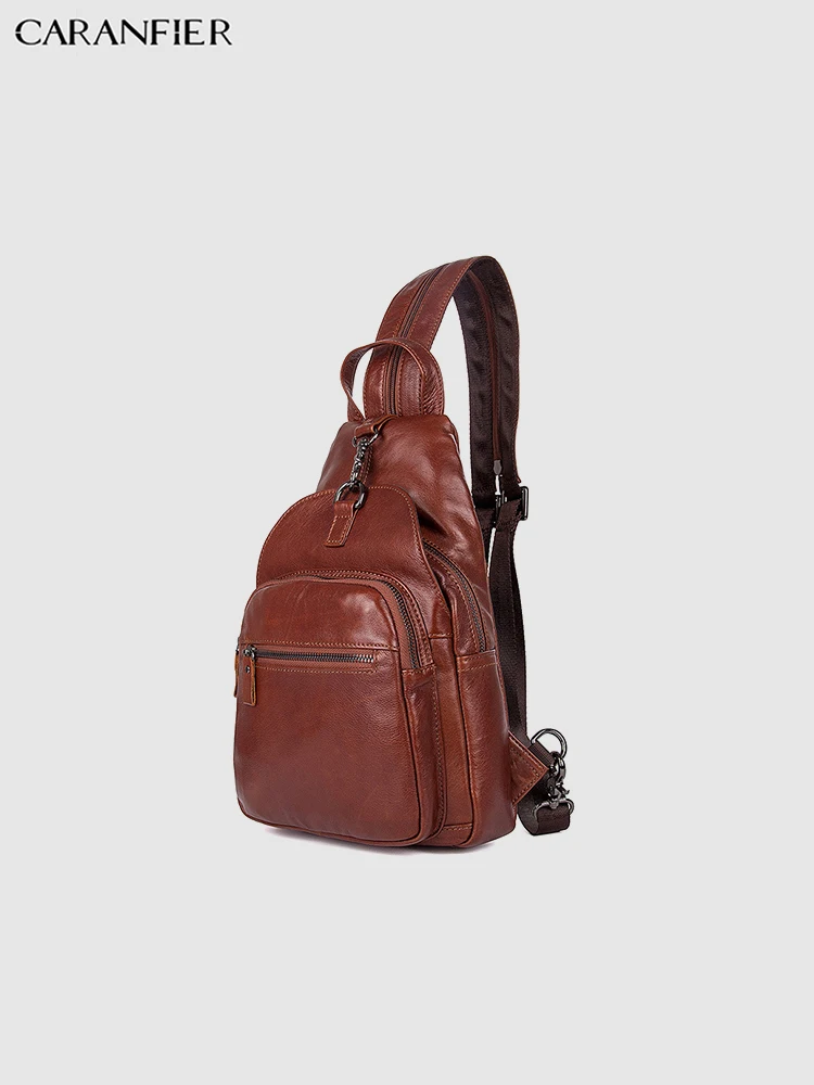 

CARANFIER Mens Womens Chest Bags Genuine Cowhide Leather Student Backpack Casual Solid Color Large Capacity Luxury Travel Bags