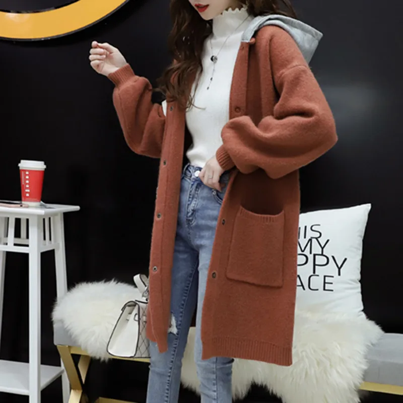 Autumn Knitted Sweater Cardigan Women Winter Hooded Long Jacket Female Pocket Lantern Sleeve Blue Creamy-white Outerwear - Цвет: caramel colour