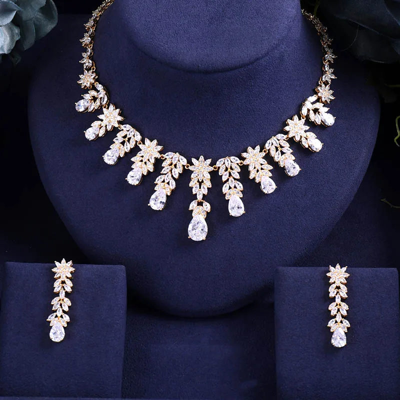 

jankelly Newest Clear CZ Jewelry Sets Brilliant Cubic Zircon Wedding Party Earrings Necklace Jewelry Sets For Heavy Dinner