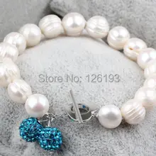 Белый пресной воды жемчуг браслет с форма сердца переключаемая застежка и кристалл шары