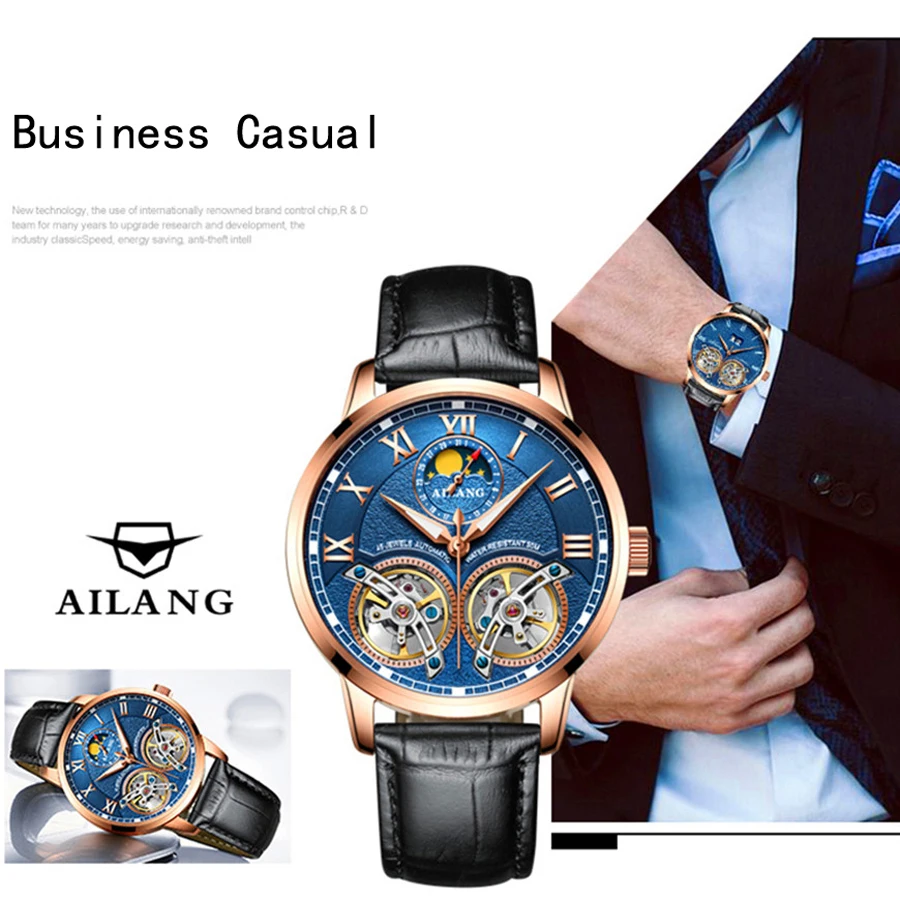 AILANG مزدوجة توربيون رجال كبار الساعات العلامة التجارية الفاخرة التلقائي الميكانيكية ووتش رجل للماء الفولاذ المقاوم للصدأ الرجال ساعة اليد