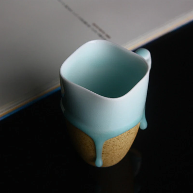 200 ml Square Brown Ручная работа, креативная керамическая кружка с синим потоком глазури, круглая/Необычные фарфоровые чашки, белые/коричневые кофейные молочные кружки - Цвет: 200 ml Square Brown