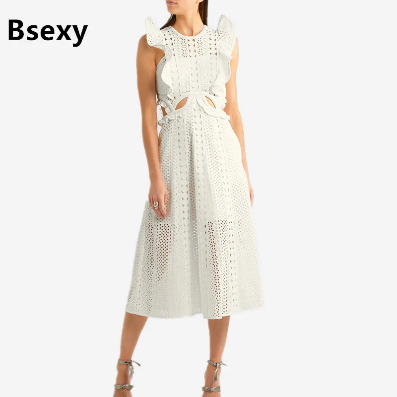

sexy zomerjurken dame 2017 summer self portrait white Lace long party dress hollow out ruffle sleeveless A line vestidos brancos