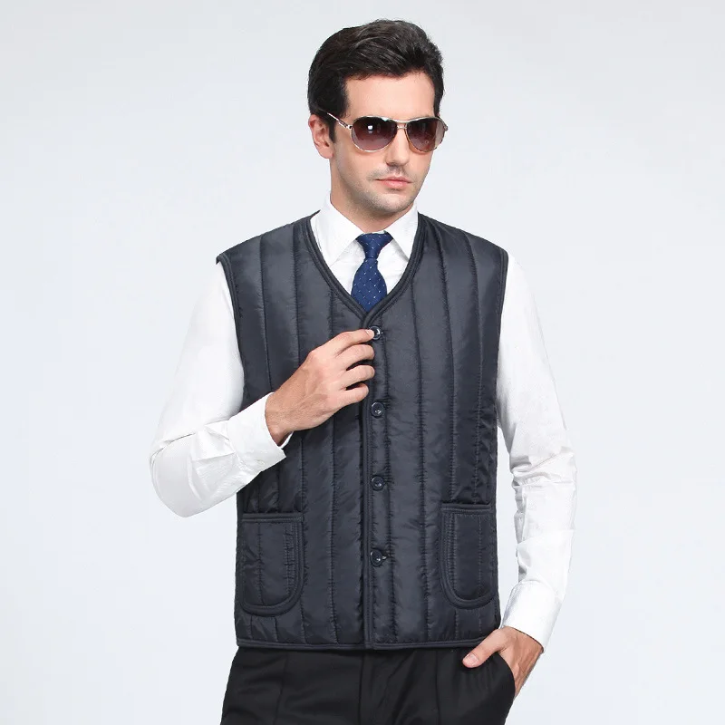 Casual cotton Winter Men Pockets Vest Button Green Blue Solid Keep Warm