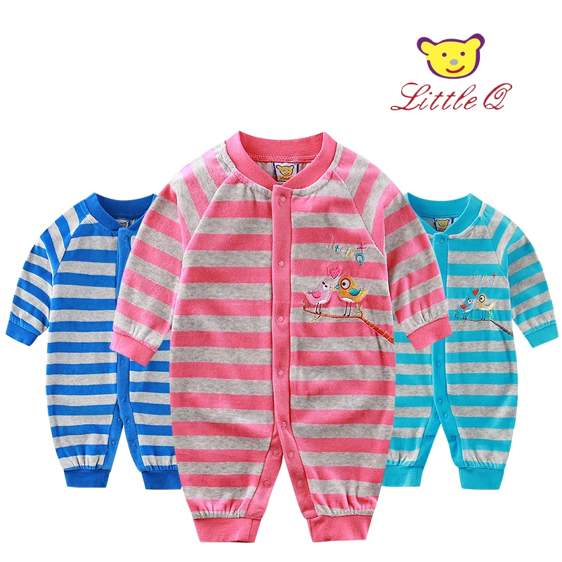 Новинка 2019 года Little Q с длинным рукавом в полоску круглым вырезом обувь для мальчиков и девочек Комбинезон Весна Осень Кнопка подпушка