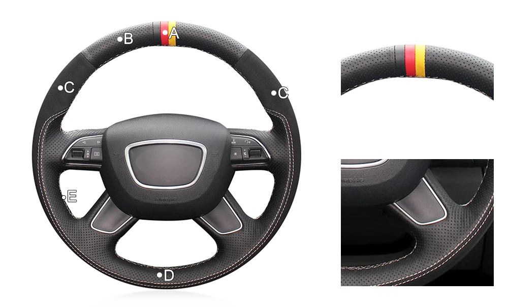 Hand-stitched Black Genuine Leather Suede Anti-slip Soft Car Steering Wheel Cover for Audi A4(B8) A6(C7) A7 A8 A8 L Allroad Q5