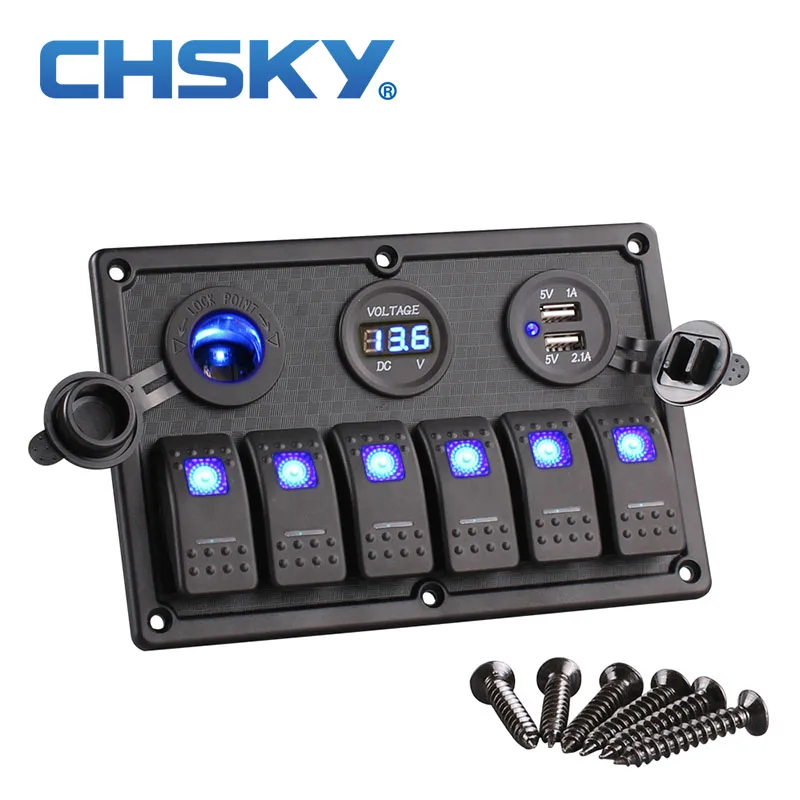 

CHSKY 6 Gang LED Car Boat Rocker Switch Panel Dual USB Cigarette Lighter Socket Voltmeter Car Switch Panel LED Boat Switch Panel
